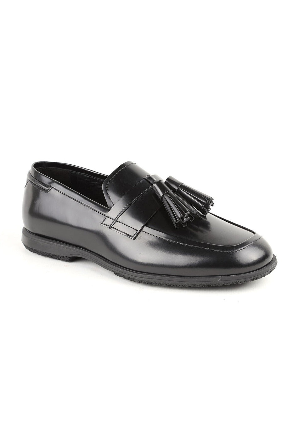 L6022 Black Genuine Leather Tasseled Stretchy Rubber Sole Men's Classic Loafers Shoes - MALLTURK