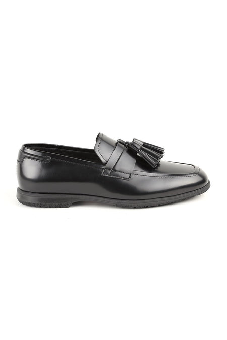 L6022 Black Genuine Leather Tasseled Stretchy Rubber Sole Men's Classic Loafers Shoes - MALLTURK