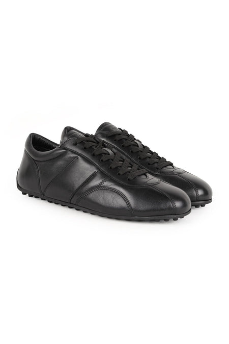 L6027 Erkek Siyah Hakiki Antik Deri Zig-Zag Dikişli Noktalı Kauçuk Taban Sneaker - MALLTURK