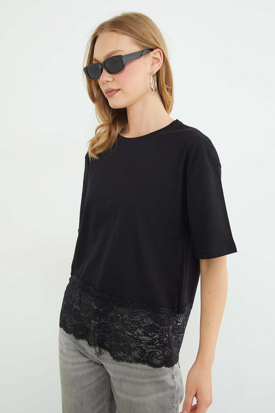 Lace Crew Neck Casual T-Shirt - MALLTURK