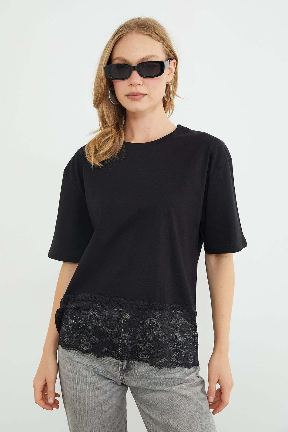 Lace Crew Neck Casual T-Shirt - MALLTURK