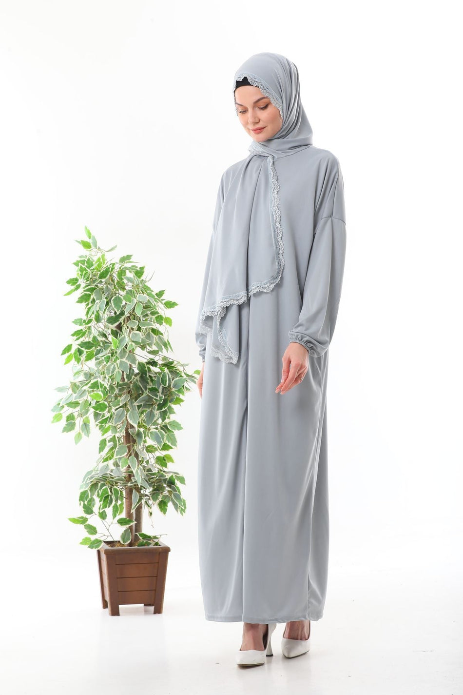 Lace headscarf, zippered prayer dress with elasticated cuffs to prevent slipping, grey. - MALLTURK