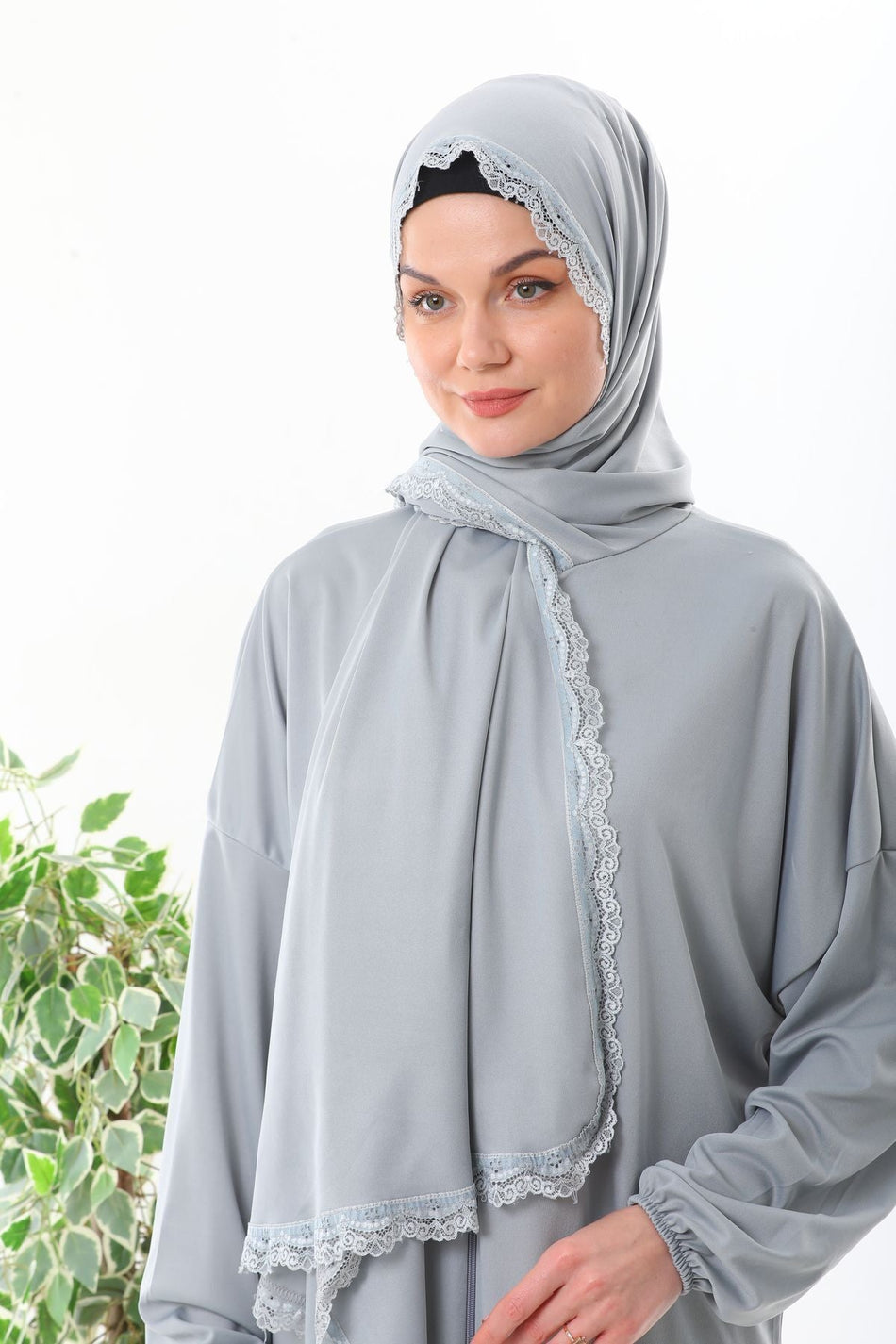 Lace headscarf, zippered prayer dress with elasticated cuffs to prevent slipping, grey. - MALLTURK