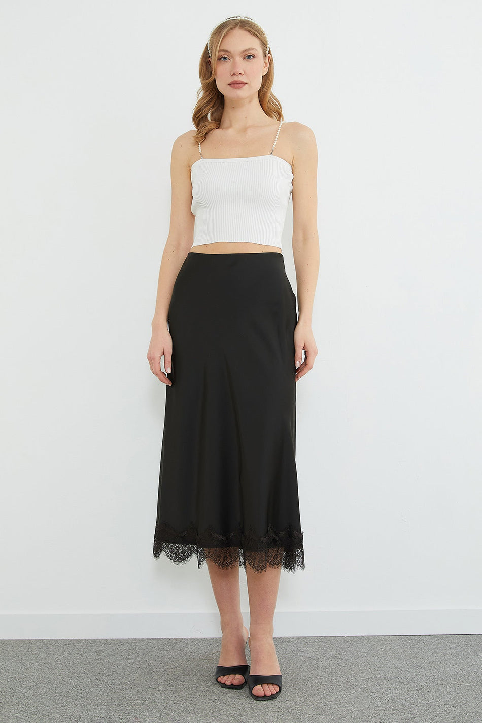 Lace Midi Length Satin Skirt - MALLTURK