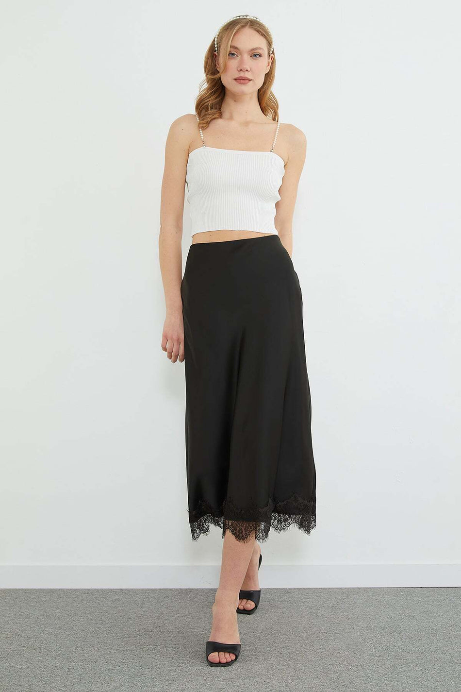 Lace Midi Length Satin Skirt - MALLTURK