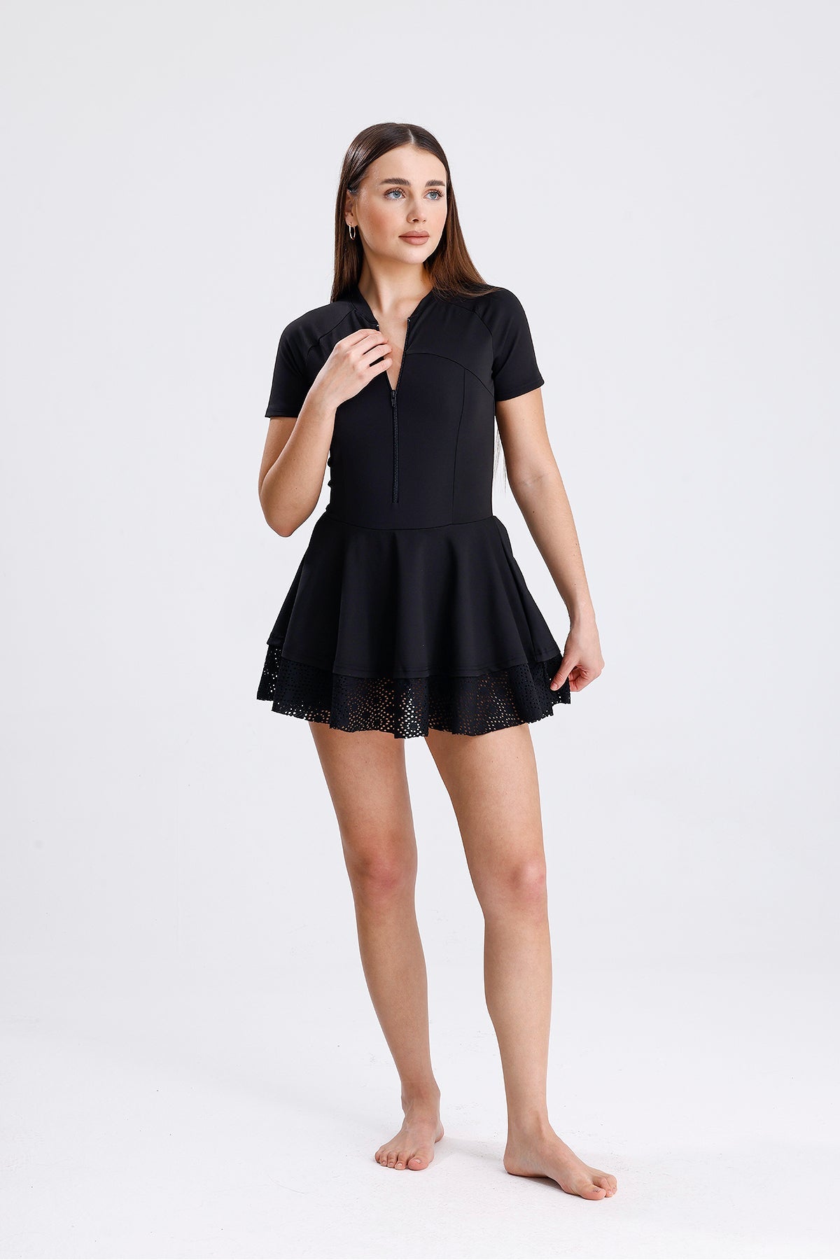 Lace Skirt Zippered Jumpsuit Swimsuit - MALLTURK