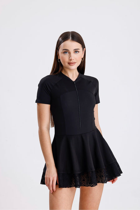 Lace Skirt Zippered Jumpsuit Swimsuit - MALLTURK