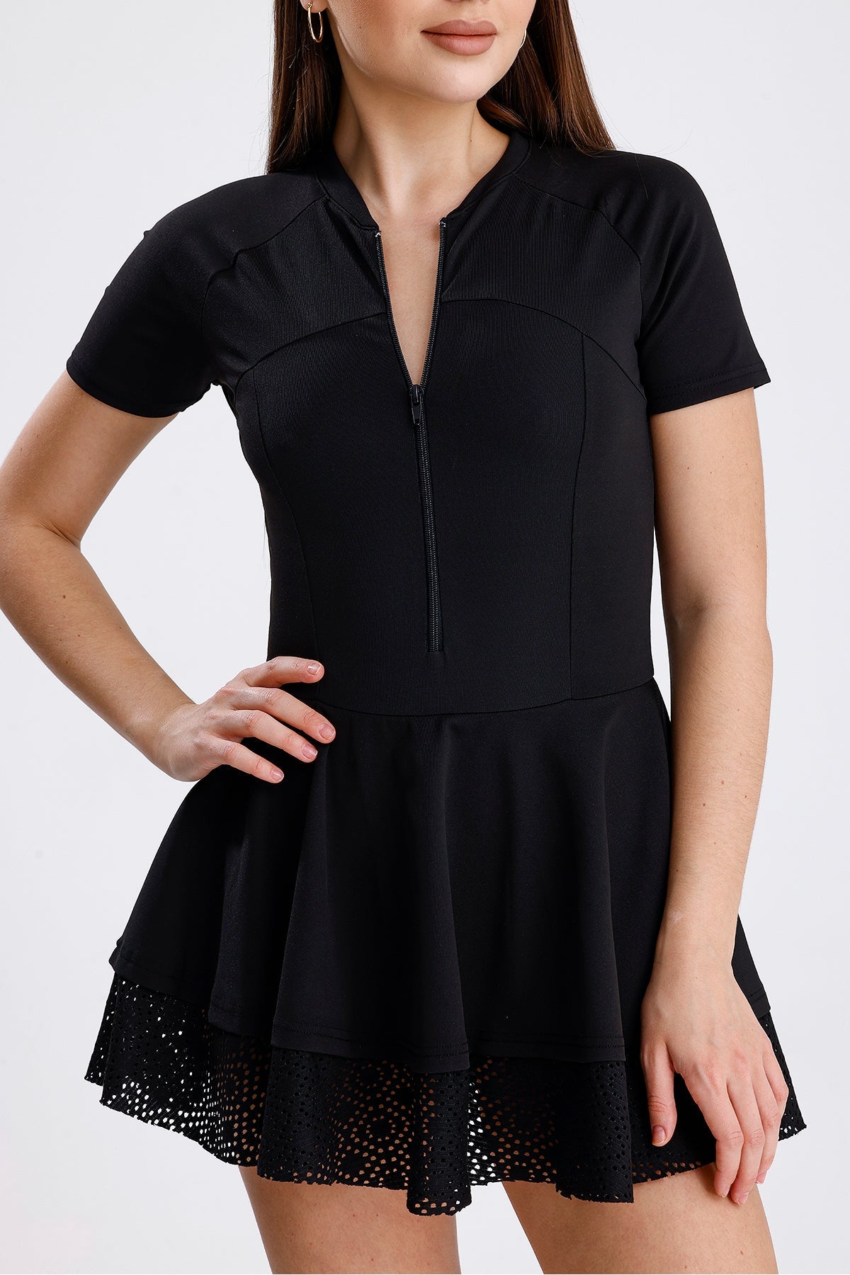 Lace Skirt Zippered Jumpsuit Swimsuit - MALLTURK