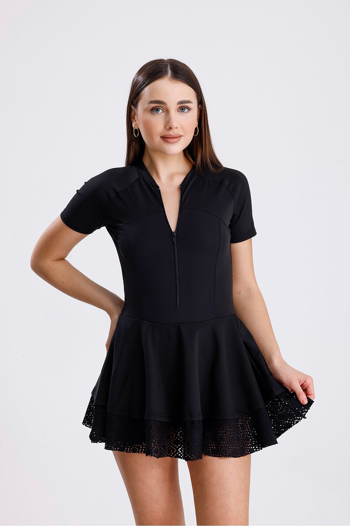 Lace Skirt Zippered Jumpsuit Swimsuit - MALLTURK