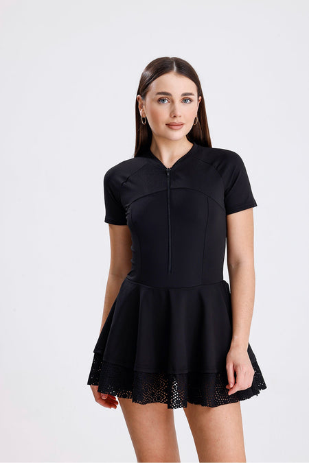 Lace Skirt Zippered Jumpsuit Swimsuit - MALLTURK