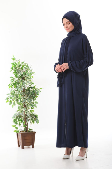 Lace-Trimmed Headscarf with Zipper and Elasticated Wrists That Won'T Slip, Prayer Dress in Navy Blue. - MALLTURK
