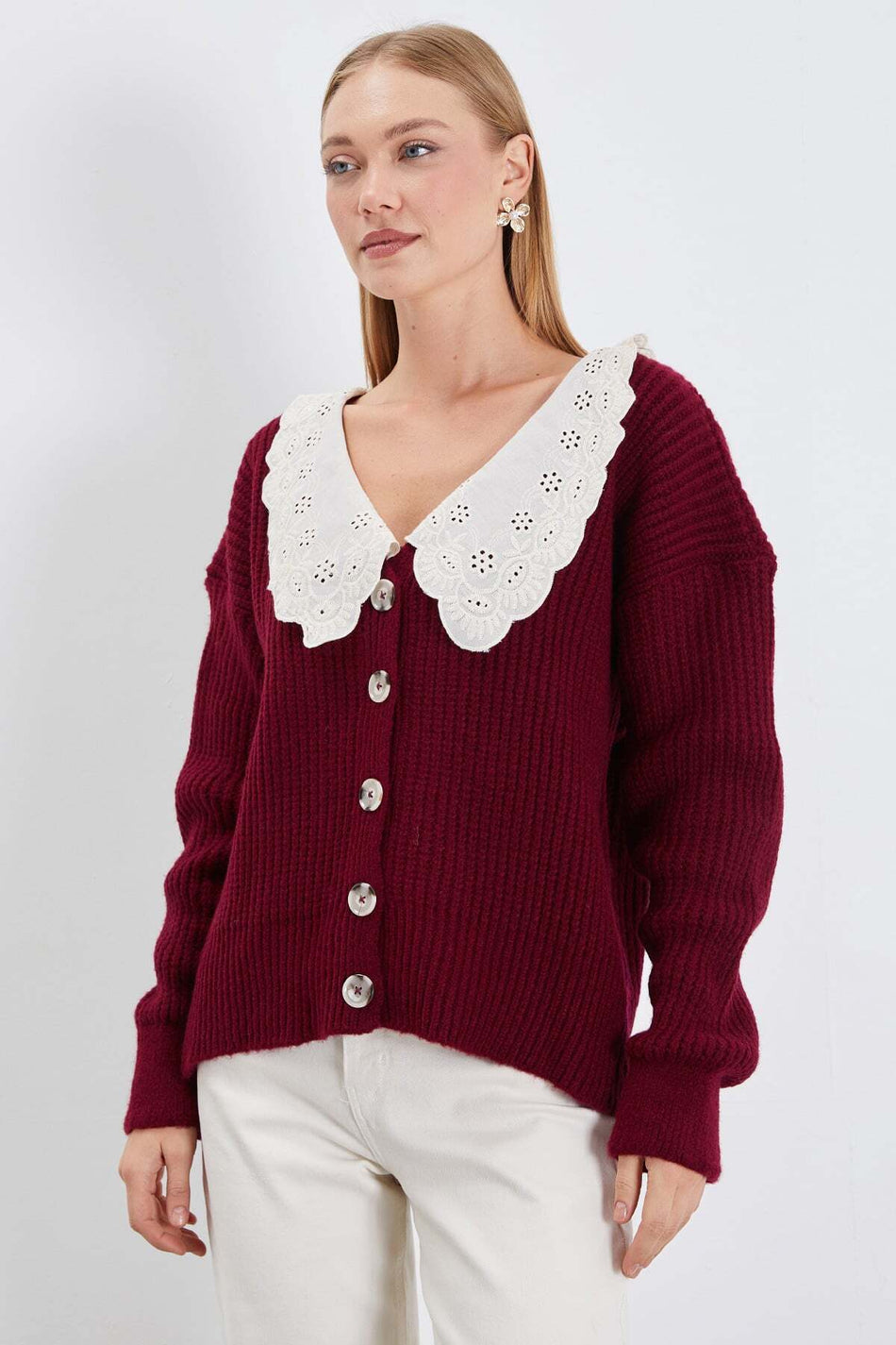 Lace-Up Baby Collar Buttoned Knitwear Cardigan - MALLTURK