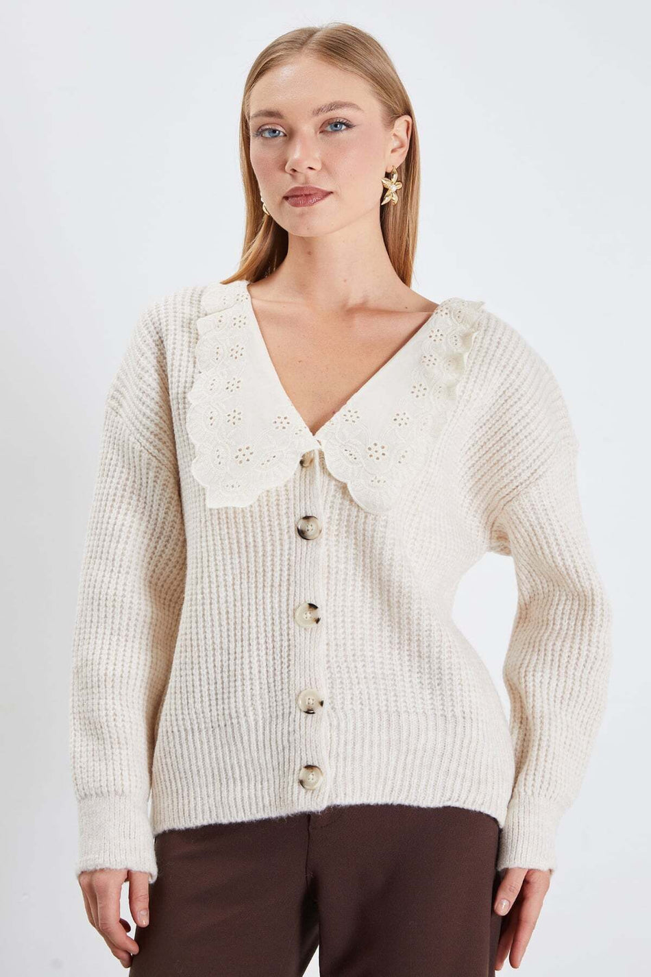 Lace-Up Baby Collar Buttoned Knitwear Cardigan - MALLTURK