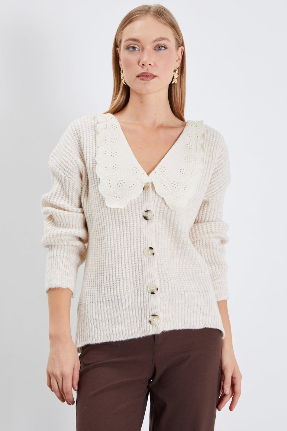 Lace-Up Baby Collar Buttoned Knitwear Cardigan - MALLTURK