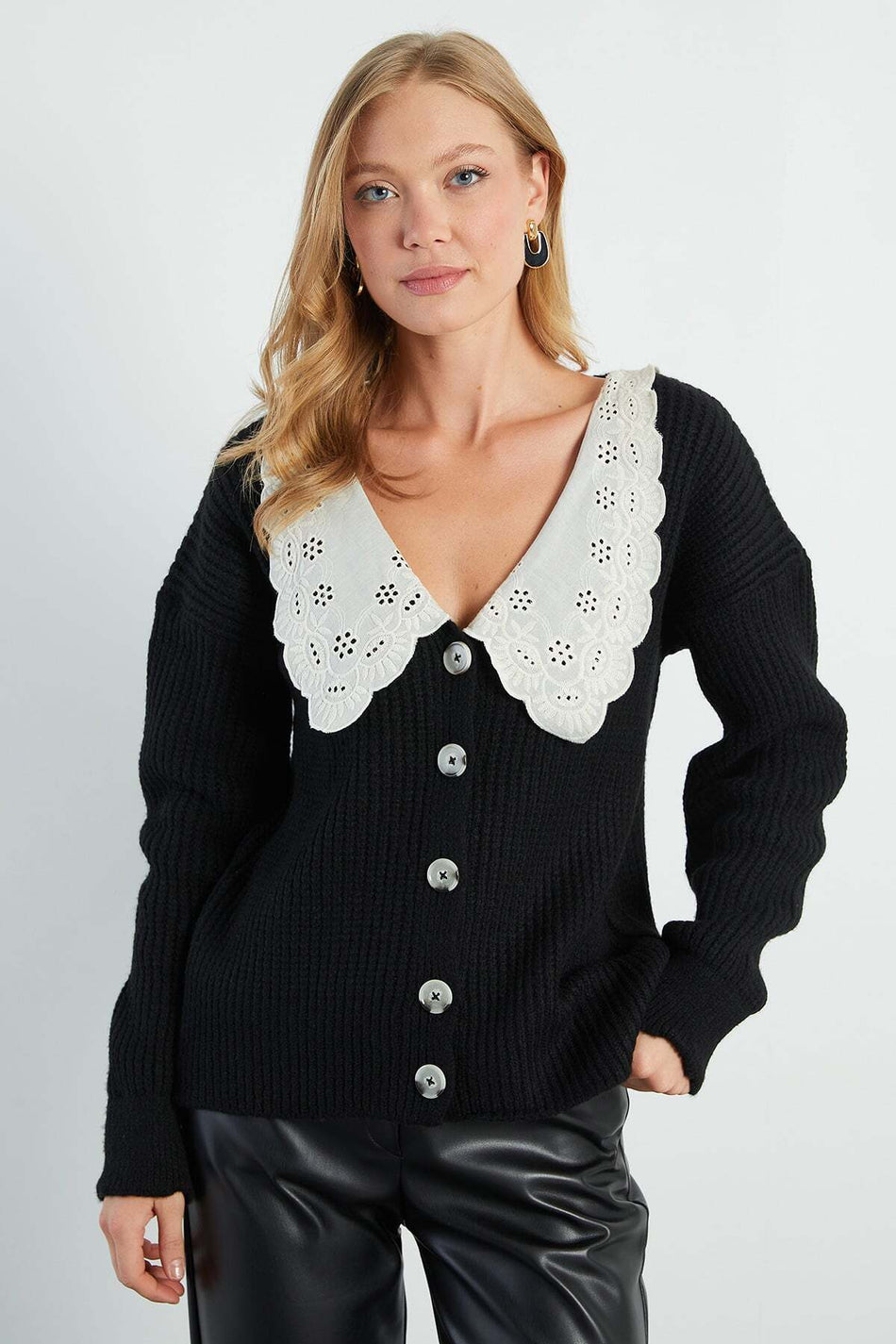 Lace-Up Baby Collar Buttoned Knitwear Cardigan - MALLTURK