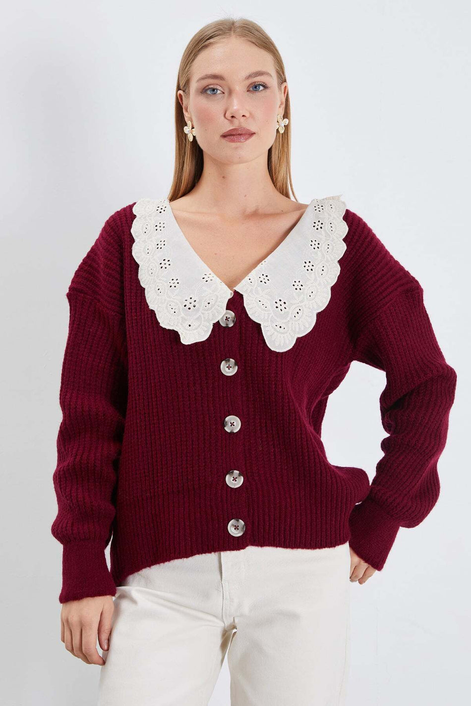 Lace-Up Baby Collar Buttoned Knitwear Cardigan - MALLTURK