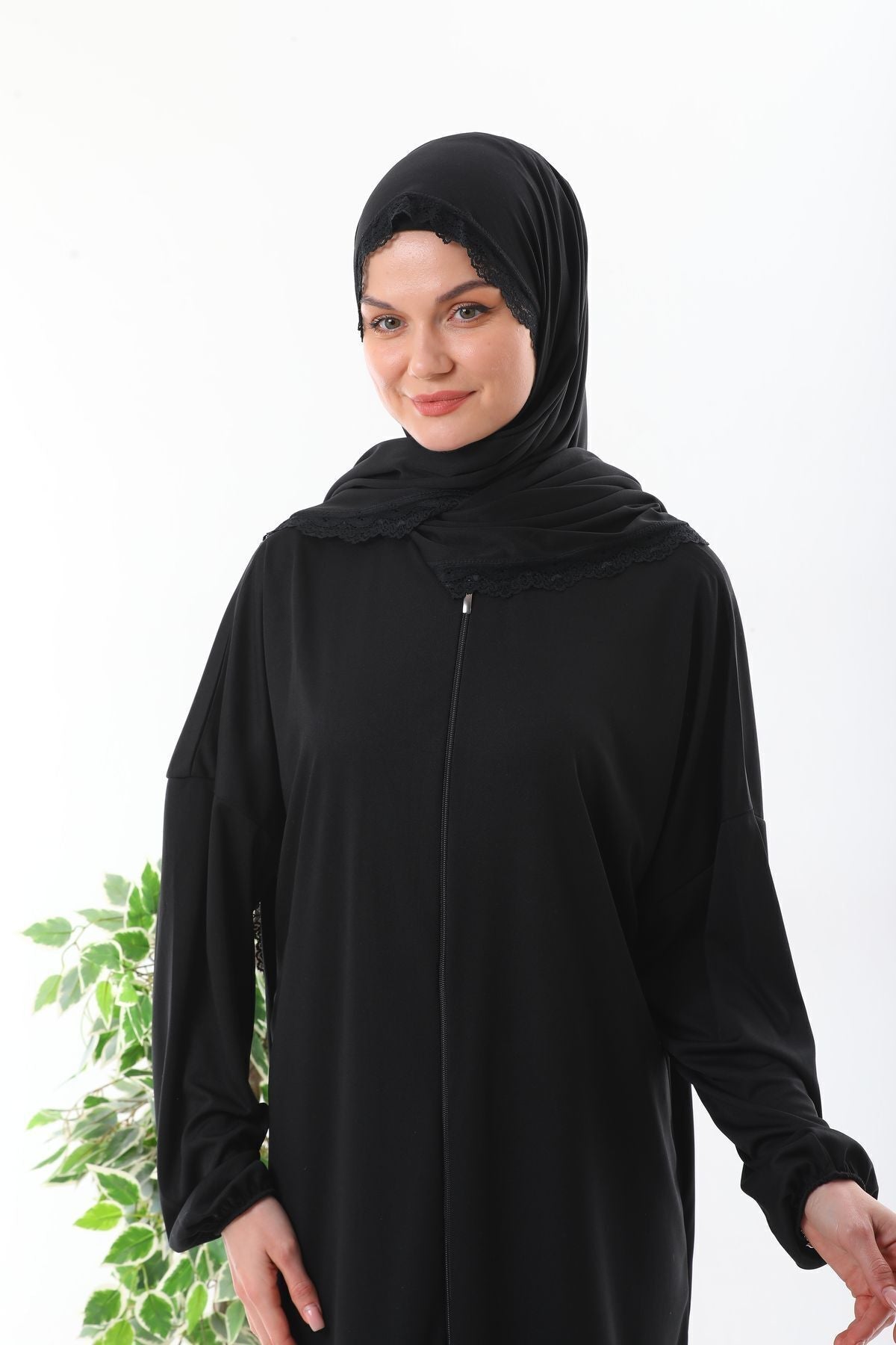 Lace-Up Hijab with Zipper and Elastic Cuffs That Won'T Slip, Prayer Dress Black - MALLTURK