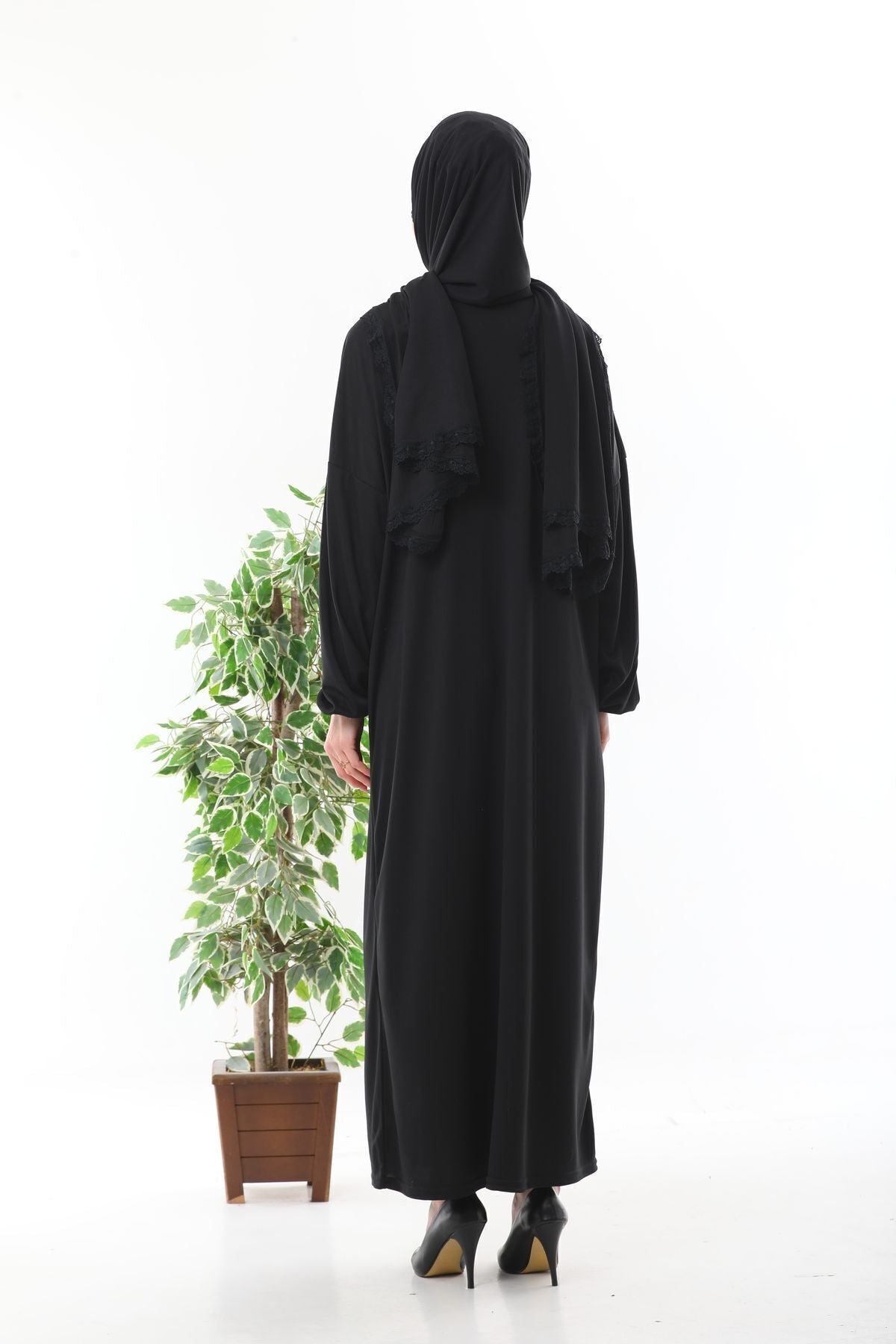 Lace-Up Hijab with Zipper and Elastic Cuffs That Won'T Slip, Prayer Dress Black - MALLTURK