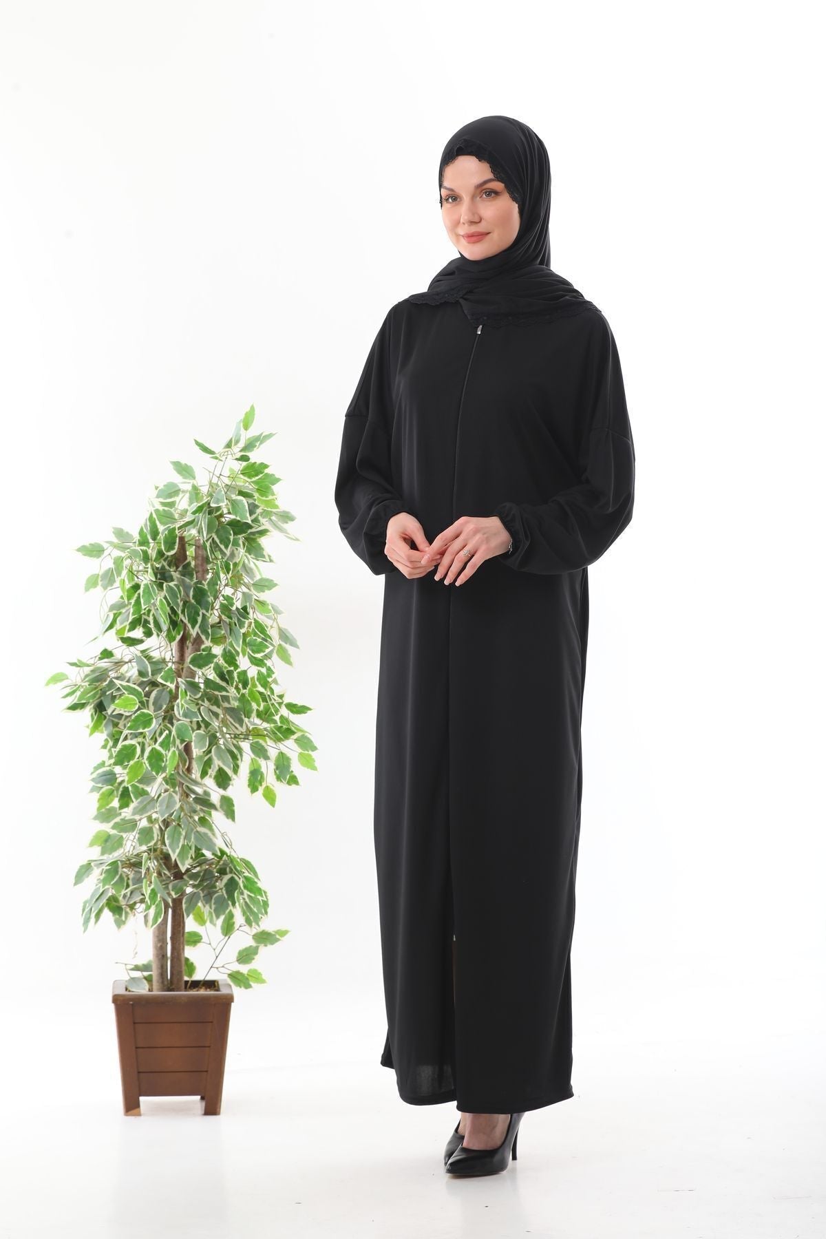 Lace-Up Hijab with Zipper and Elastic Cuffs That Won'T Slip, Prayer Dress Black - MALLTURK