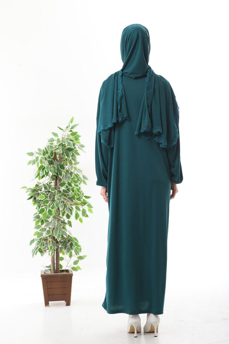 Lace-Up Hijab with Zipper and Elastic Cuffs That Won'T Slip, Prayer Dress Emerald - MALLTURK