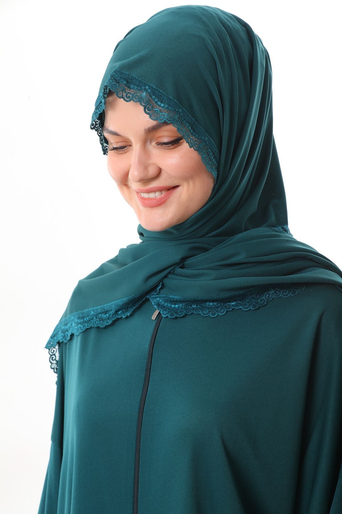 Lace-Up Hijab with Zipper and Elastic Cuffs That Won'T Slip, Prayer Dress Emerald - MALLTURK