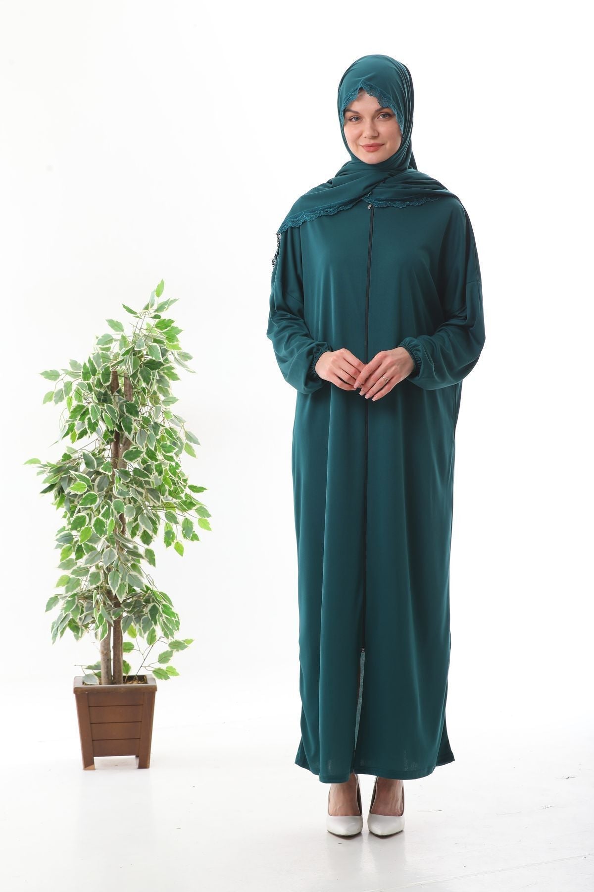 Lace-Up Hijab with Zipper and Elastic Cuffs That Won'T Slip, Prayer Dress Emerald - MALLTURK