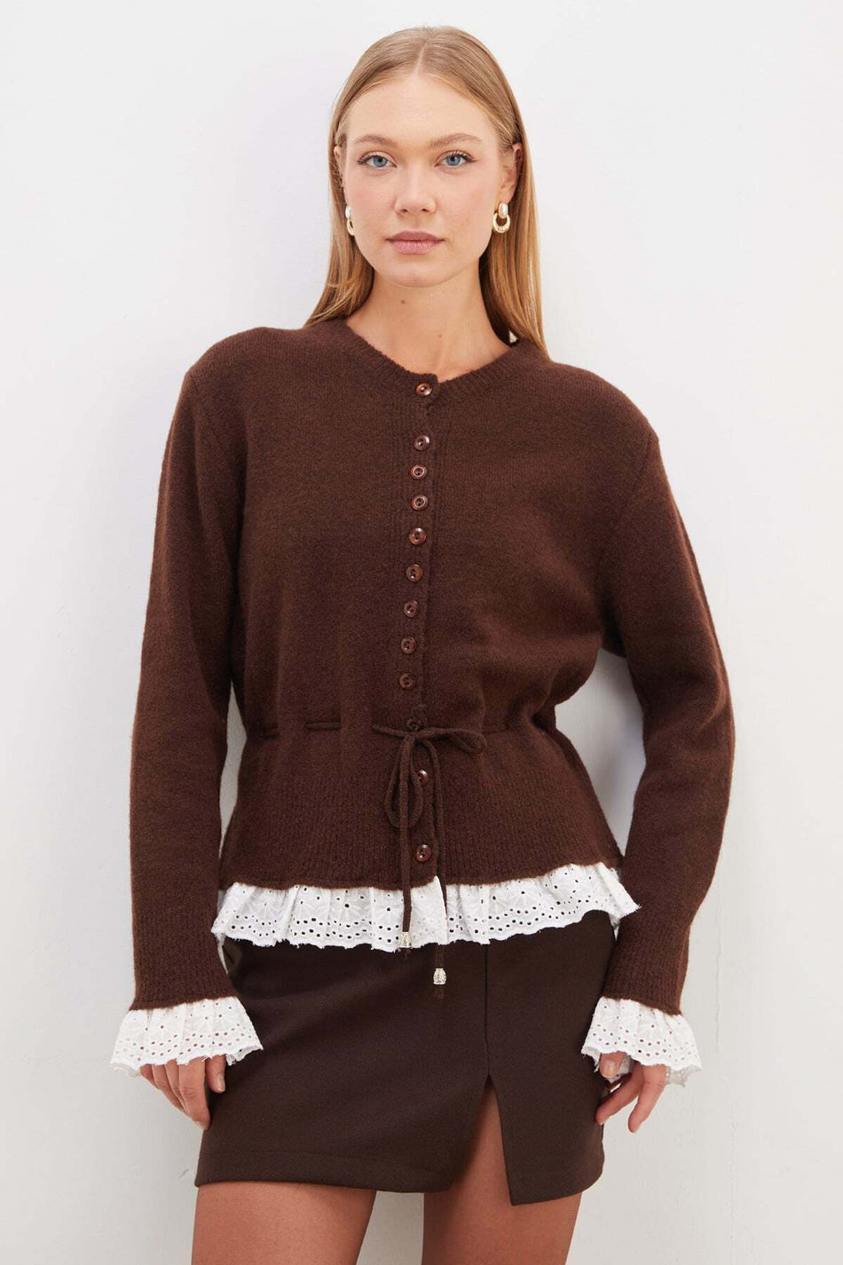 Lace-Up Waist Tie Buttoned Knitwear Cardigan - MALLTURK