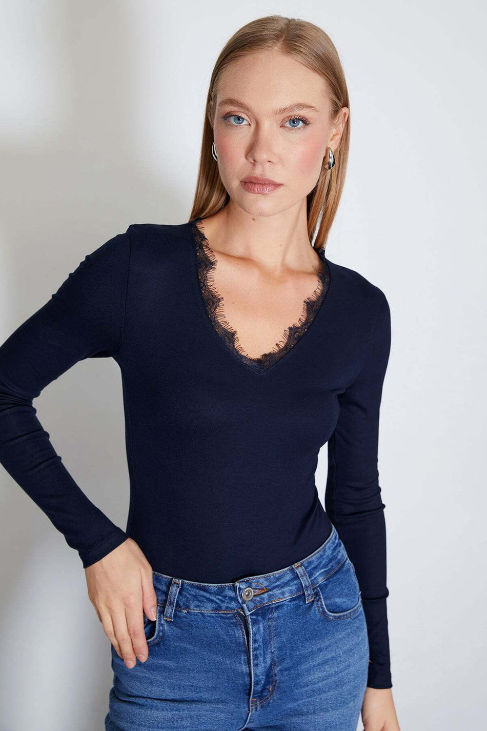 Lace V-Neck Long Sleeve Snap-On Bodysuit - MALLTURK