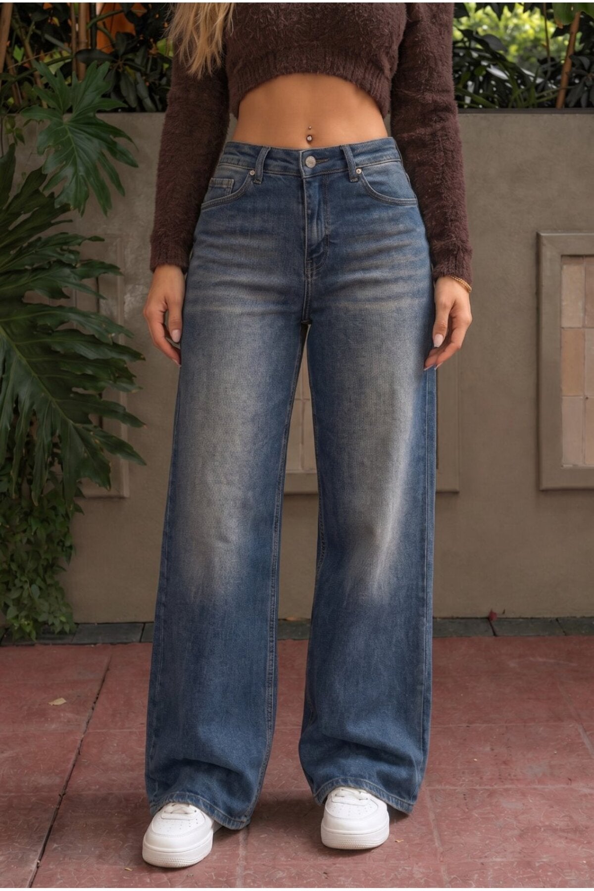 Lacivert Vintage Yüksek Bel Geniş Paça with Lycra Jeans - MALLTURK