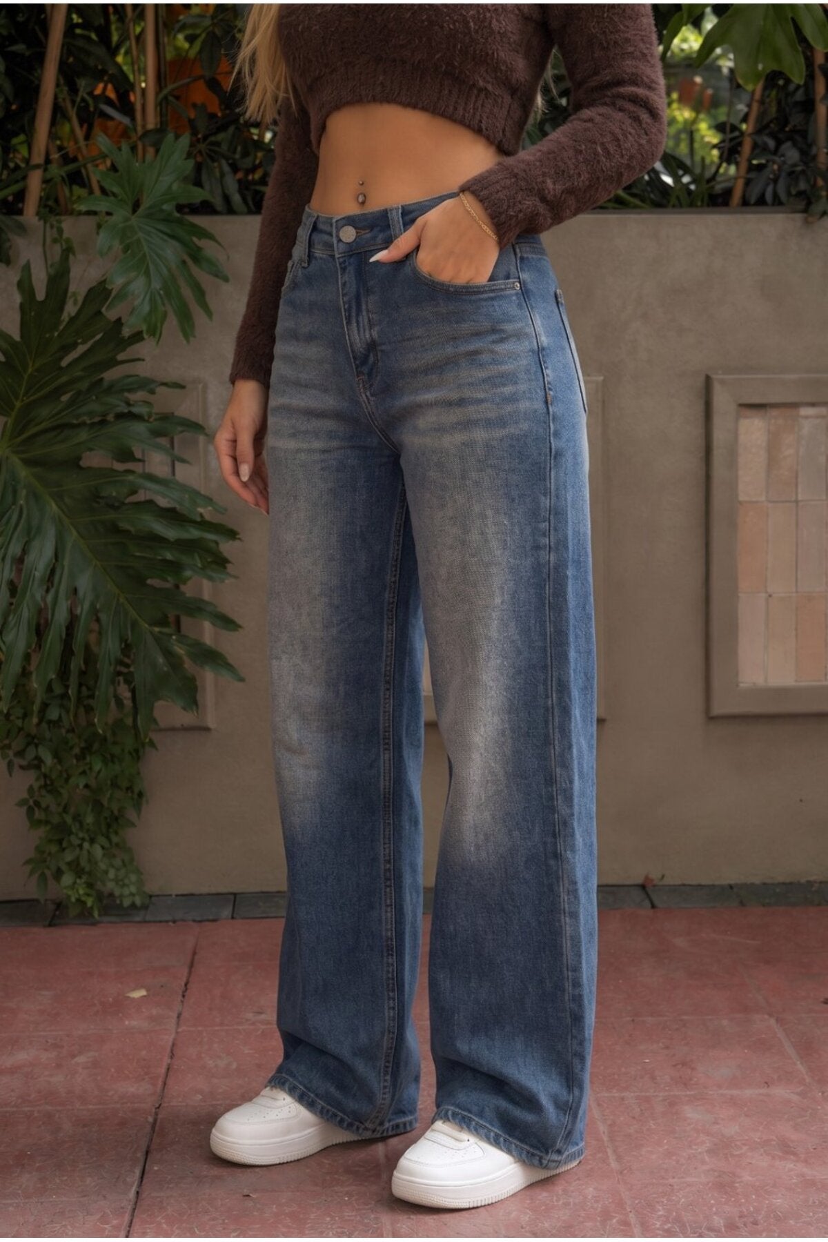 Lacivert Vintage Yüksek Bel Geniş Paça with Lycra Jeans - MALLTURK
