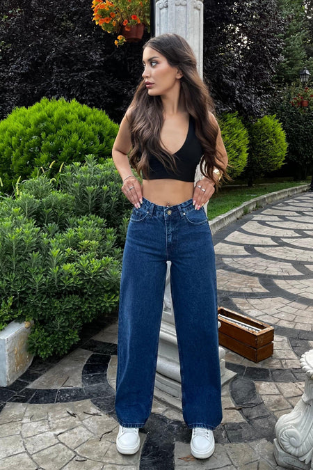 Lacivert Yüksek Bel Wide Leg Jeans - MALLTURK