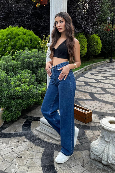 Lacivert Yüksek Bel Wide Leg Jeans - MALLTURK