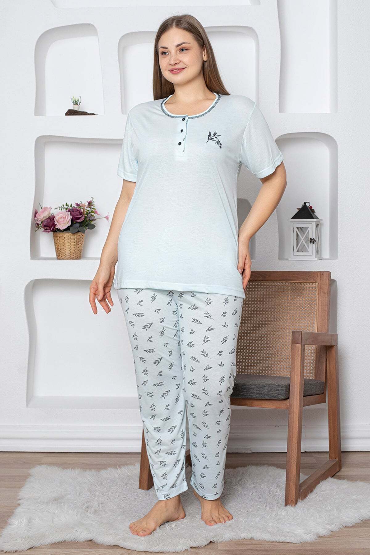 Leaf Patterned Large Size Pajama Set - MALLTURK