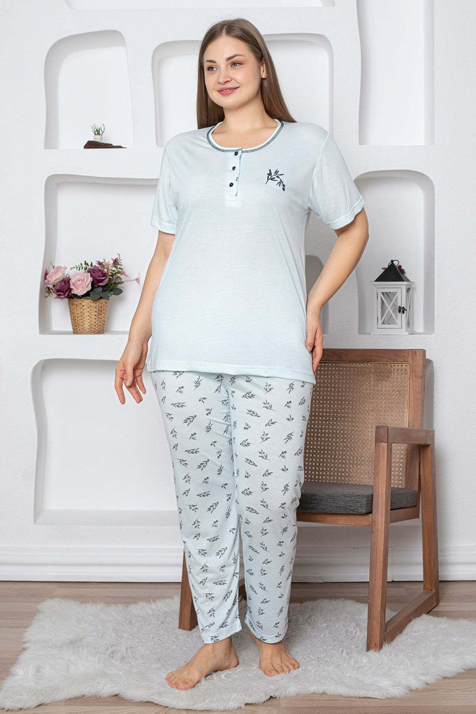 Leaf Patterned Large Size Pajama Set - MALLTURK