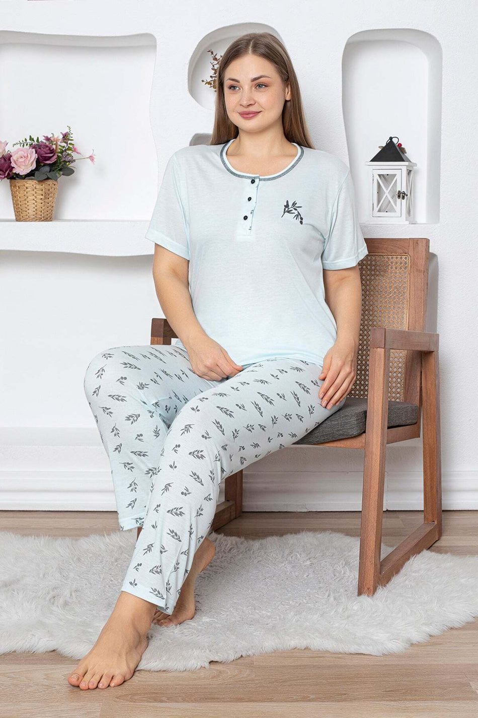 Leaf Patterned Large Size Pajama Set - MALLTURK