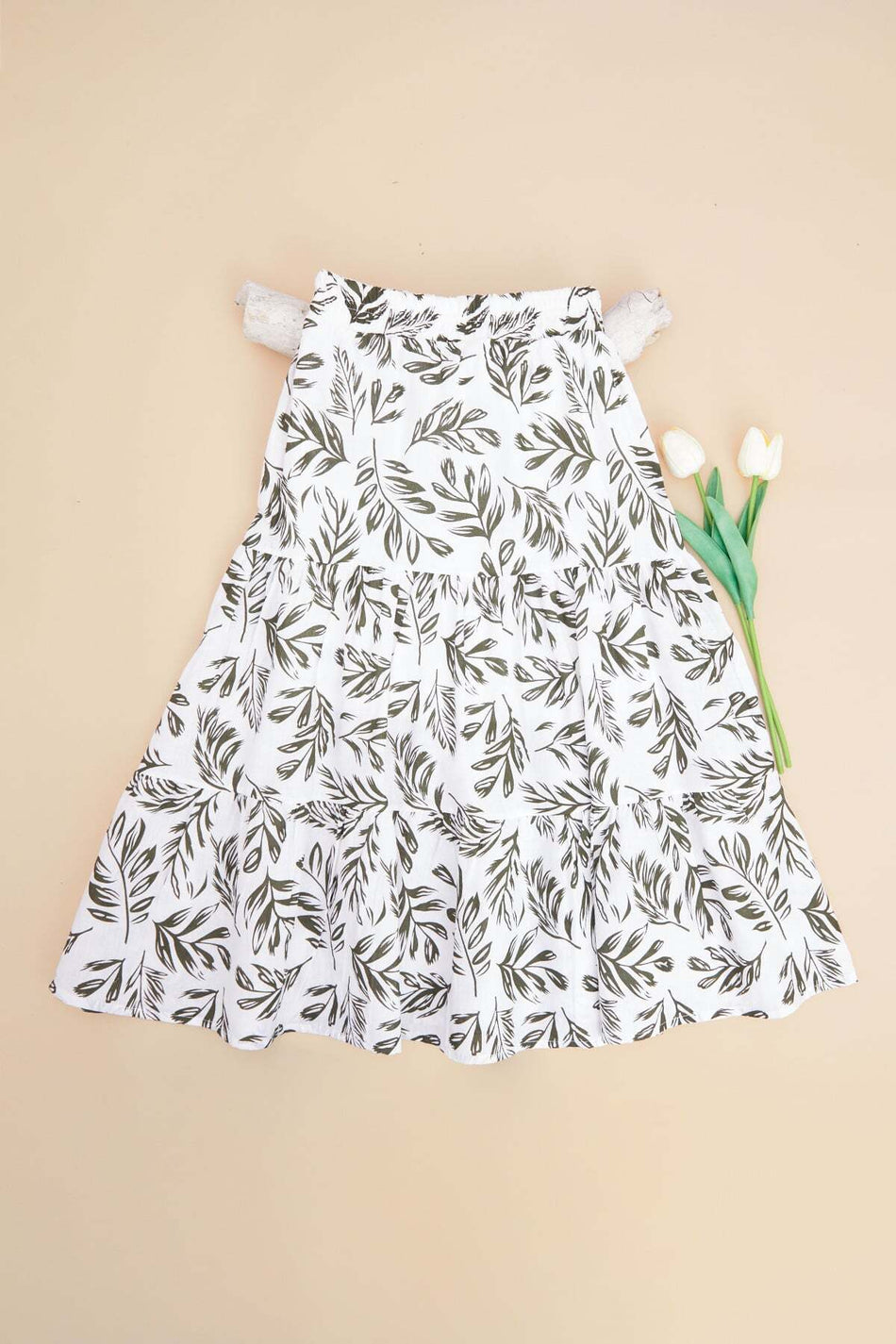 Leaf Patterned Layered Girls' Skirt with Elastic Waist - MALLTURK