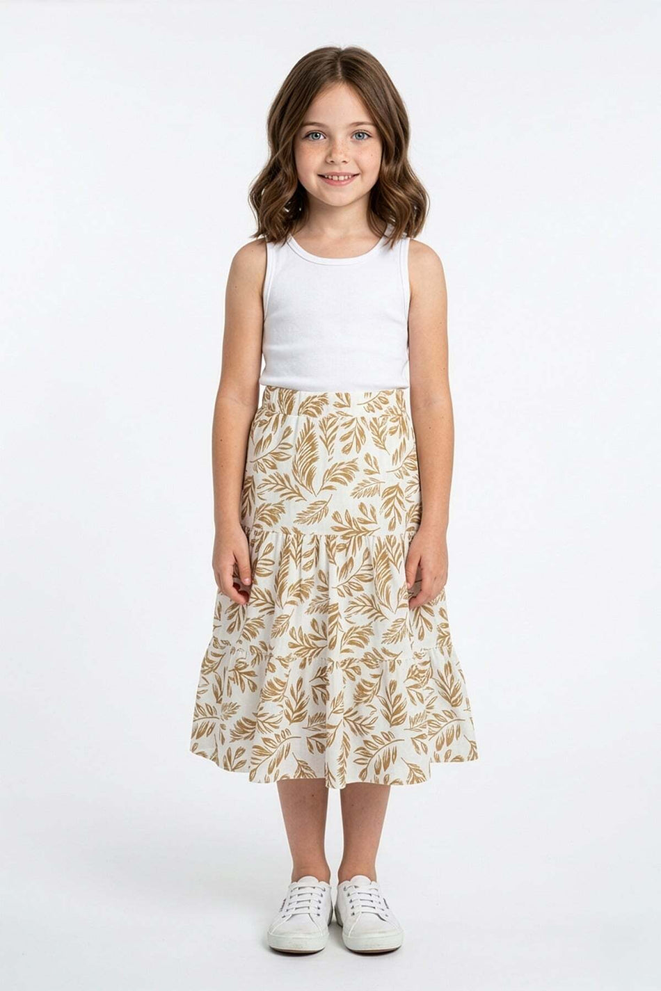 Leaf Patterned Layered Girls' Skirt with Elastic Waist - MALLTURK