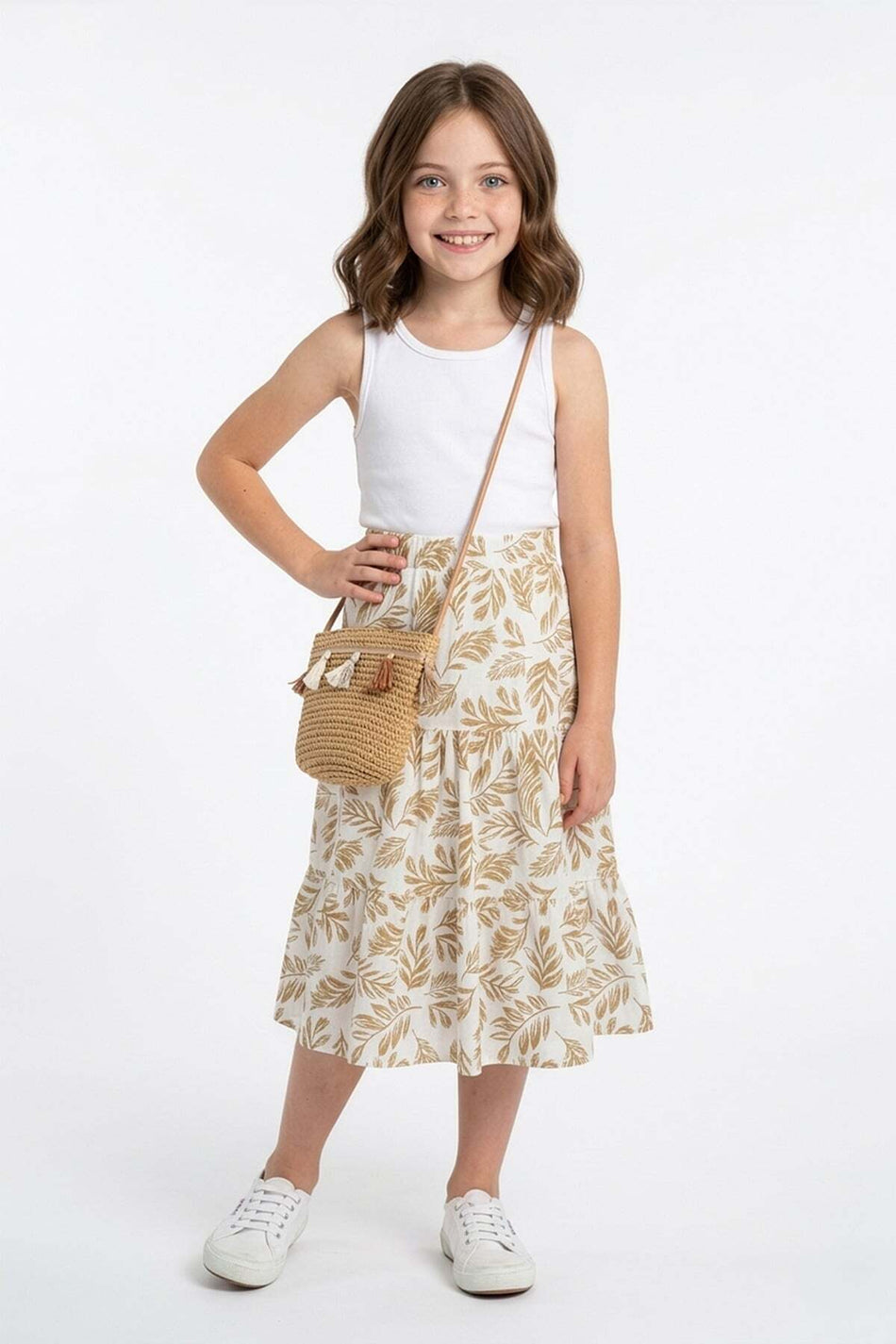 Leaf Patterned Layered Girls' Skirt with Elastic Waist - MALLTURK