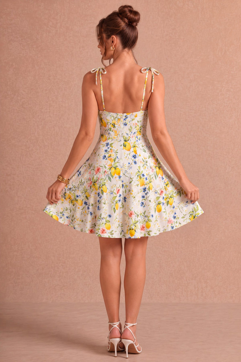 Lemon and Floral Patterned Dress with Tie Detail - MALLTURK