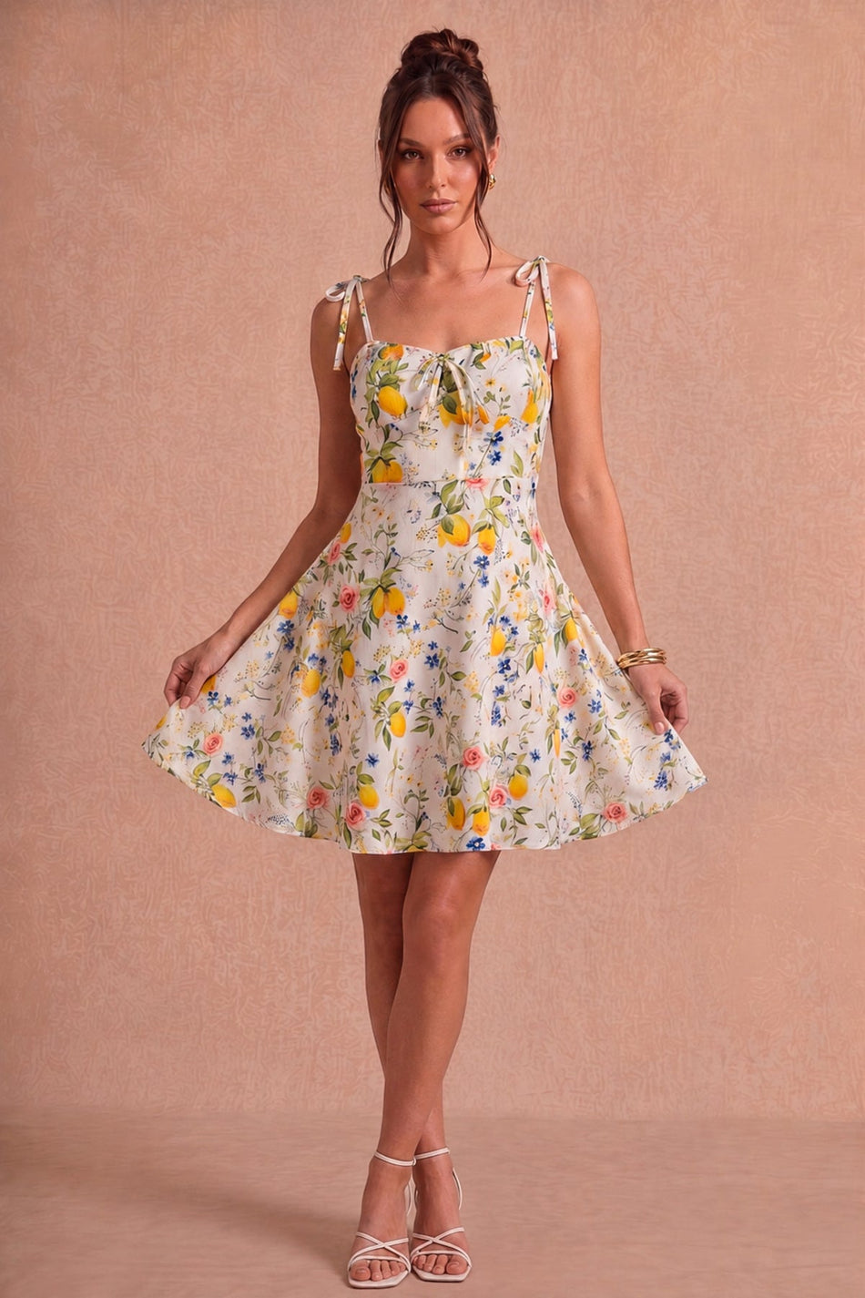 Lemon and Floral Patterned Dress with Tie Detail - MALLTURK
