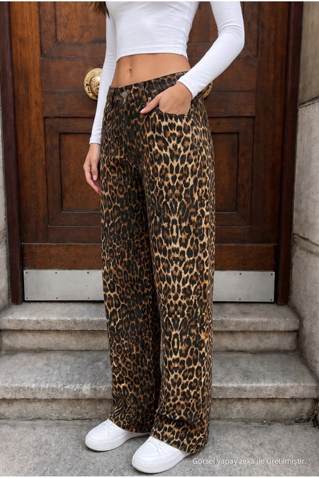 Leopard Print High Waist Wide Leg Lycra Palazzo Jeans Brown - MALLTURK