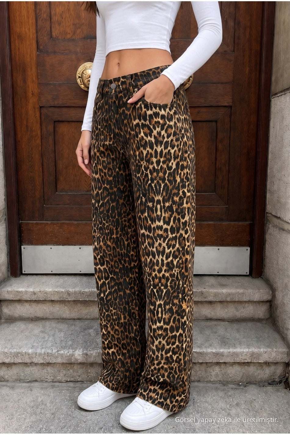 Leopard Print High Waist Wide Leg Lycra Palazzo Jeans Brown - MALLTURK
