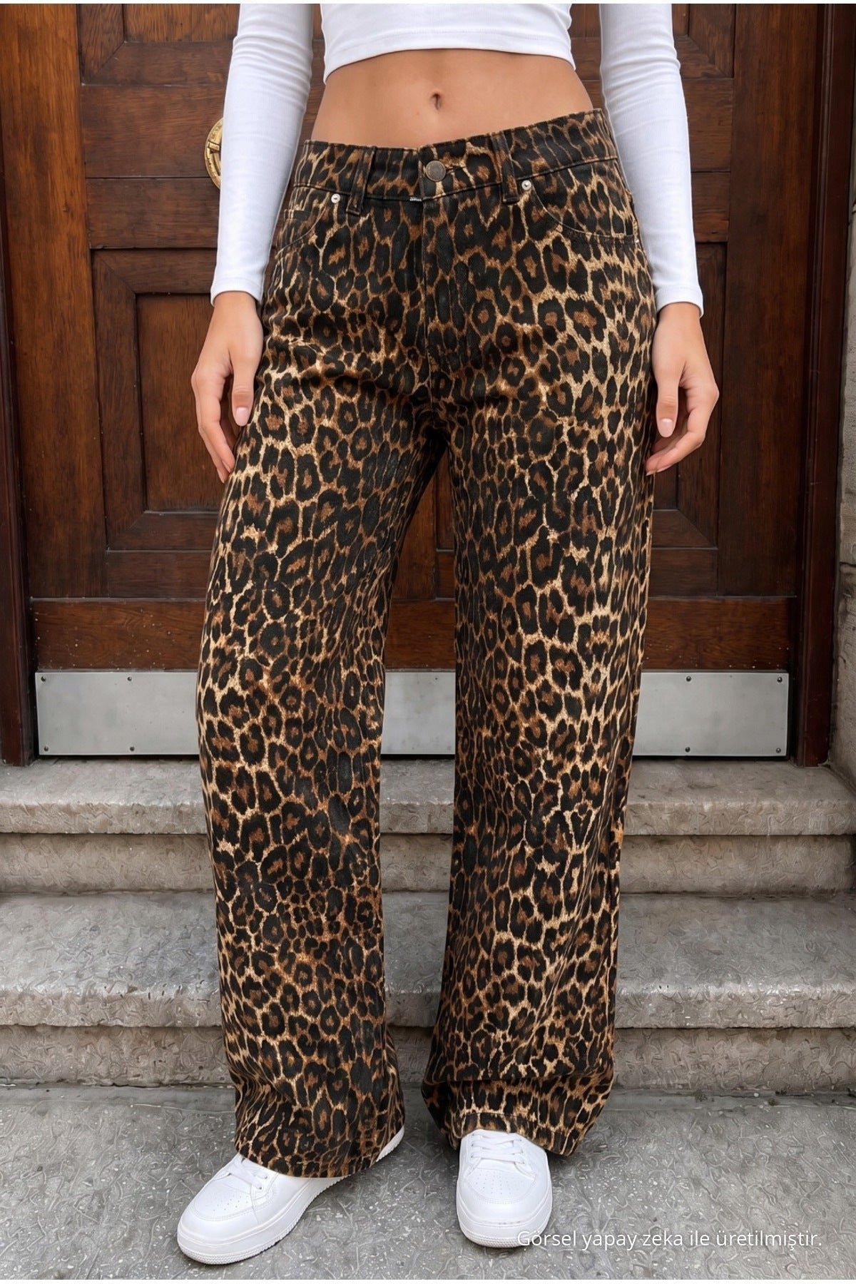 Leopard Print High Waist Wide Leg Lycra Palazzo Jeans Brown - MALLTURK