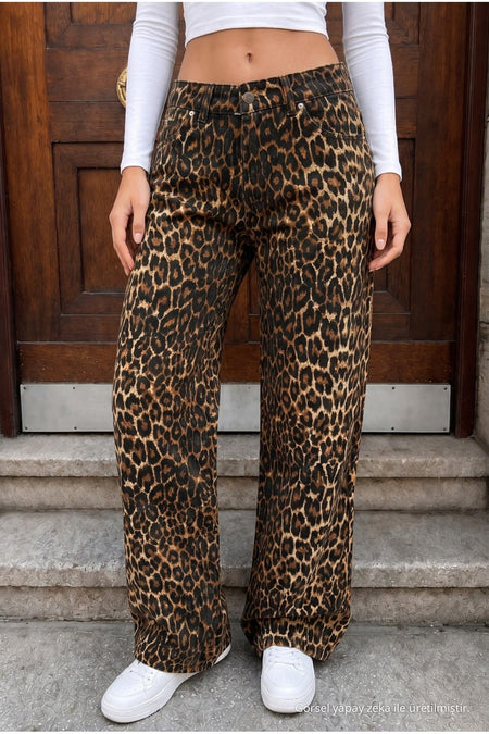Leopard Print High Waist Wide Leg Lycra Palazzo Jeans Brown - MALLTURK