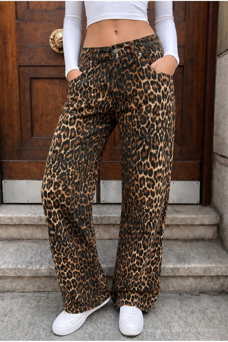 Leopard Print High Waist Wide Leg Lycra Palazzo Jeans Brown - MALLTURK