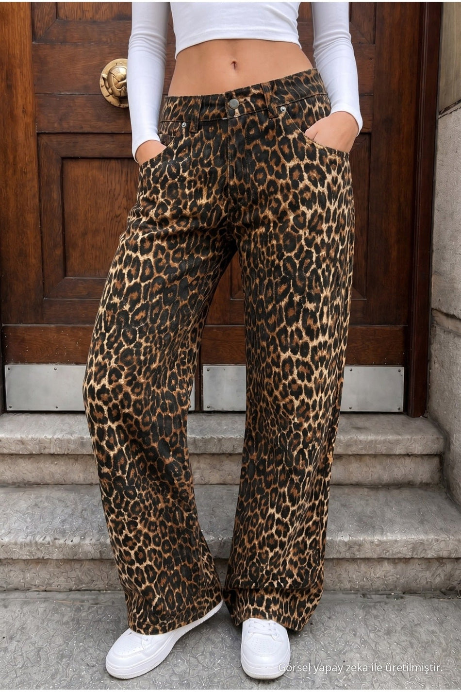Leopard Print High Waist Wide Leg Lycra Palazzo Jeans Brown - MALLTURK