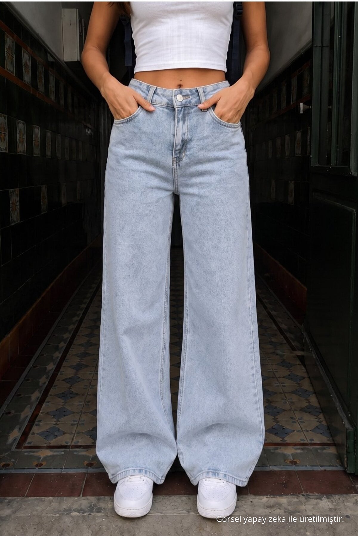 Light Blue High Waist Wide Leg Lycra Palazzo School Pants - MALLTURK