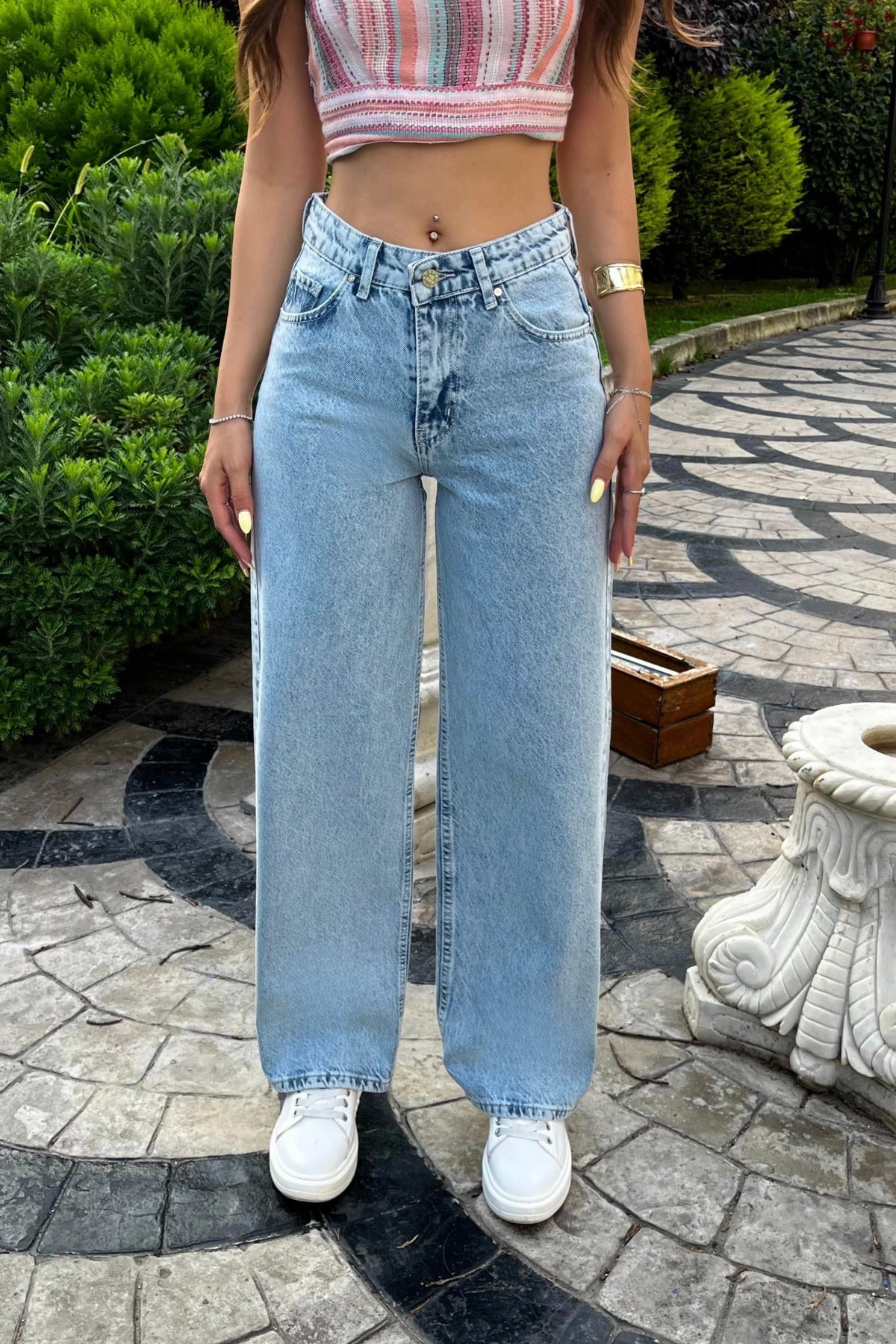Light Blue Snow Wash High Waist Wide Leg Jeans - MALLTURK