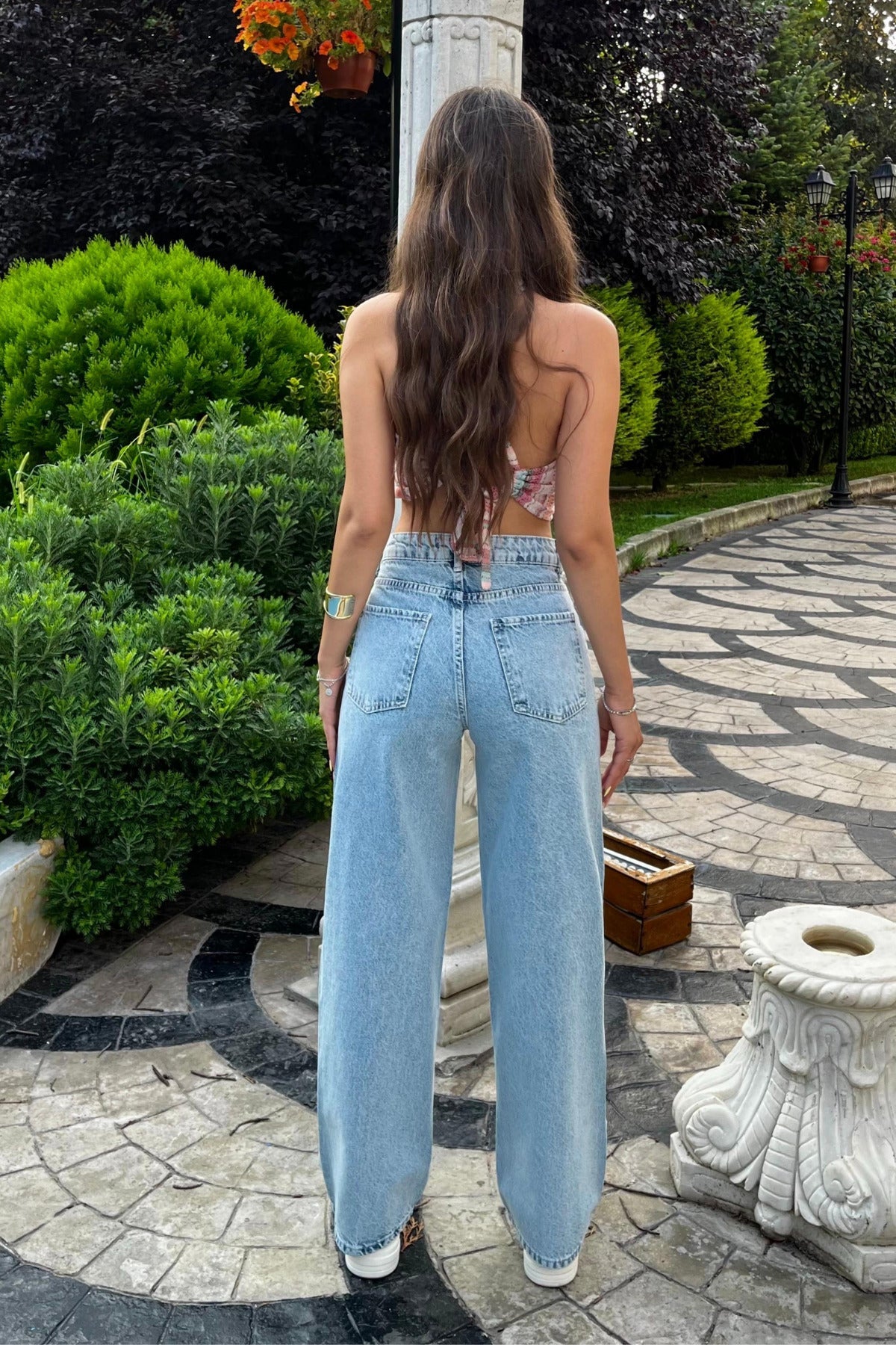 Light Blue Snow Wash High Waist Wide Leg Jeans - MALLTURK