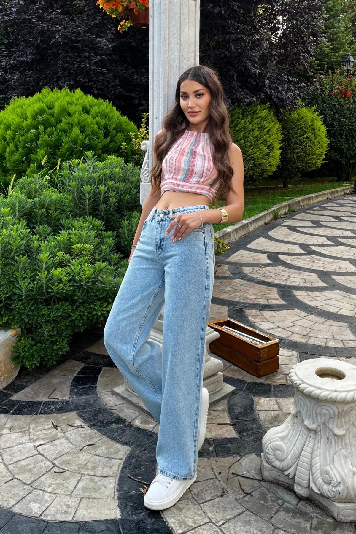 Light Blue Snow Wash High Waist Wide Leg Jeans - MALLTURK